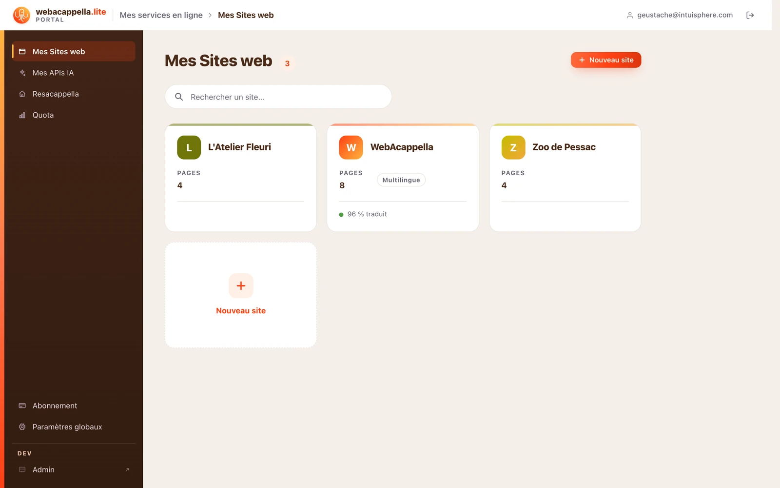 Le tableau de bord « Mes Sites web » : vos sites en cartes, avec le bouton Nouveau site