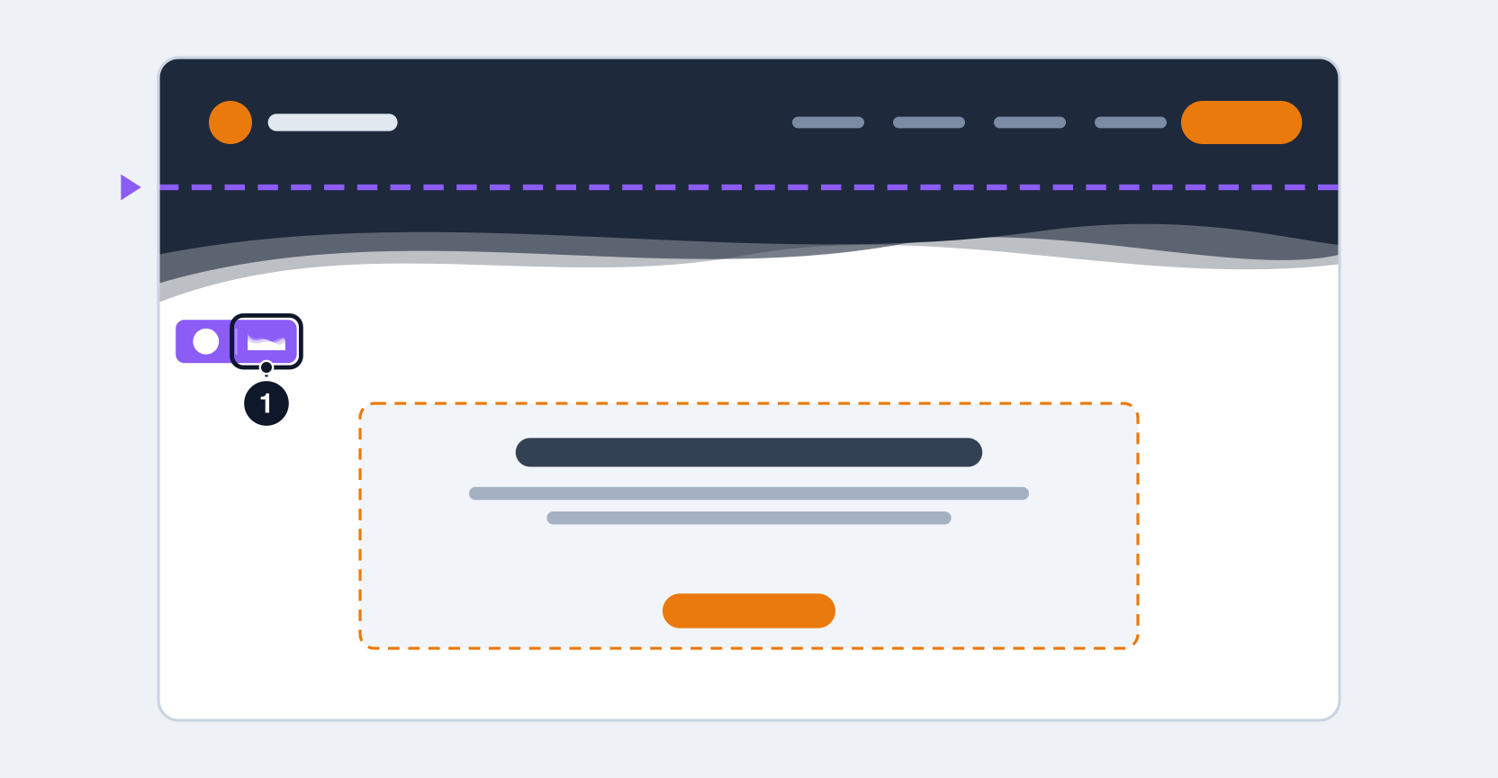Un en-tête foncé, puis la première section de la page, claire. Une vague de la couleur de l'en-tête descend dans cette section. Dans la barre de la première section, le bouton Couture haute est entouré.