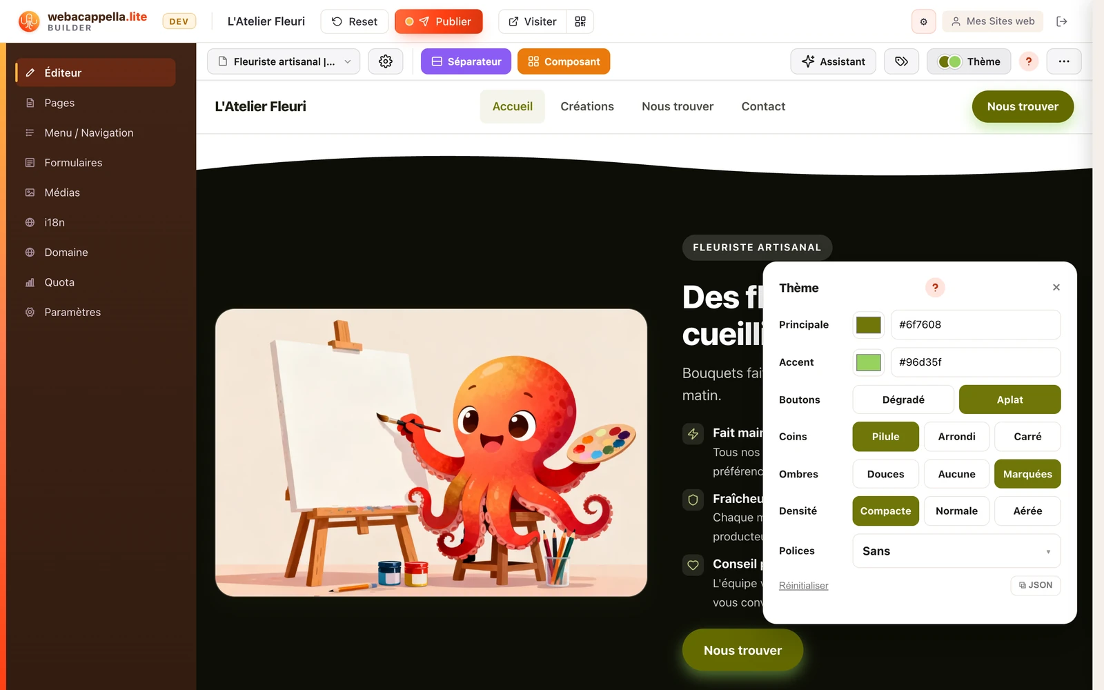 Le panneau Thème ouvert sur la page : couleurs principale et accent, boutons, coins, ombres, densité et polices