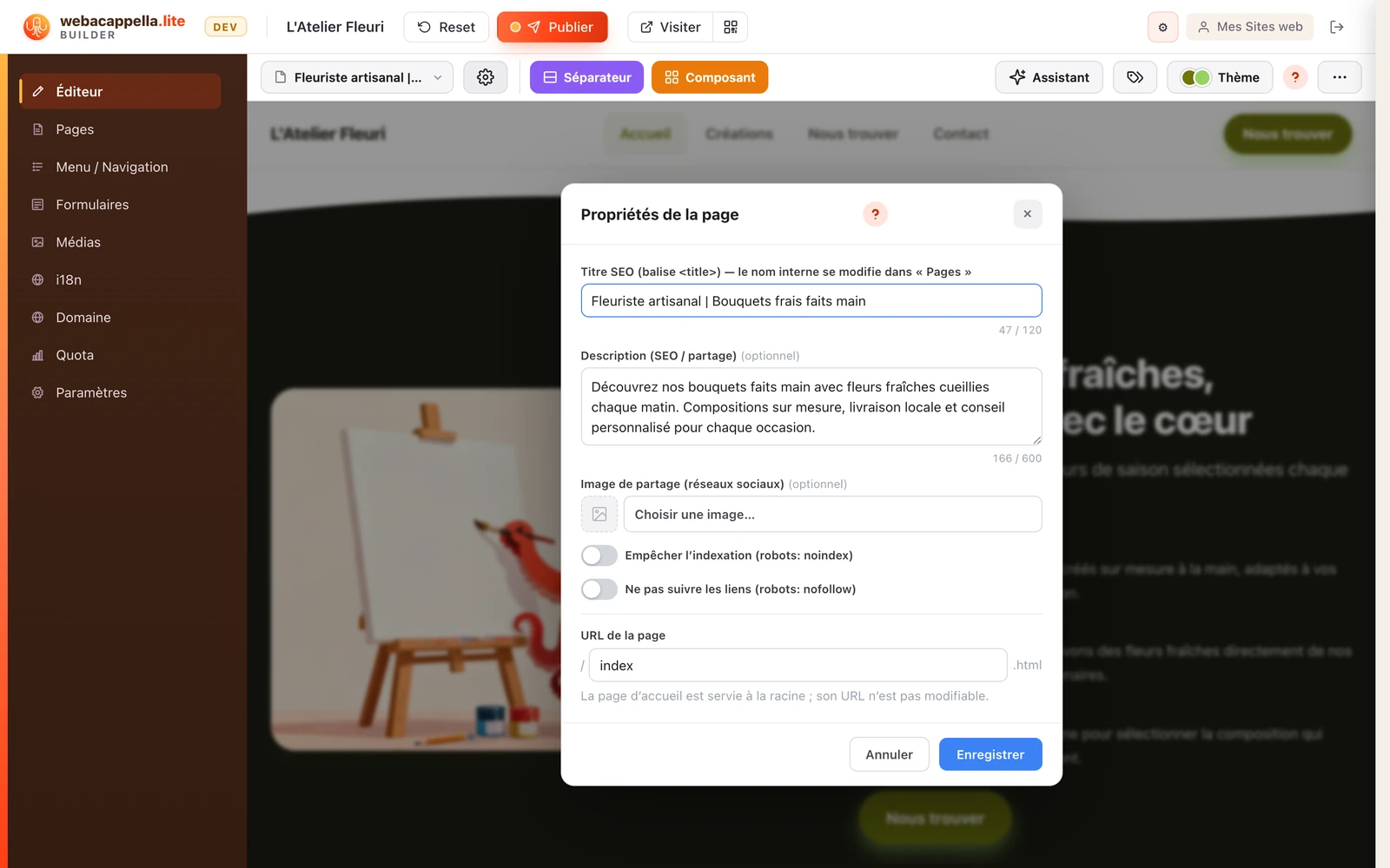 La fenêtre Propriétés de la page : titre SEO, description, image de partage, indexation et URL