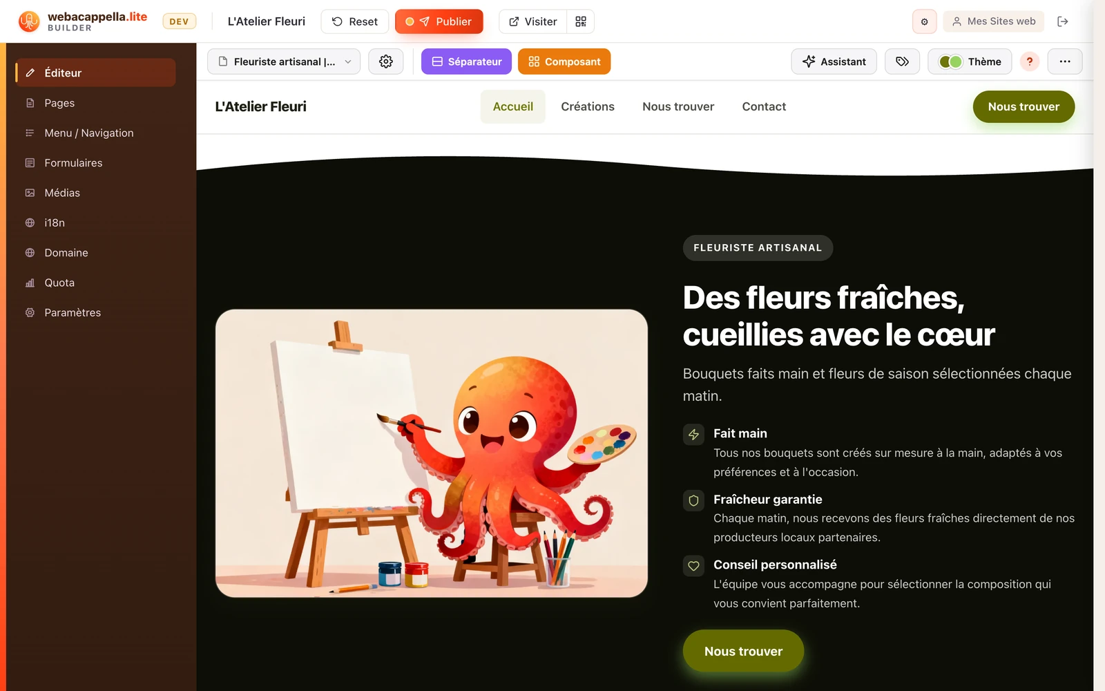 L'éditeur : la barre d'outils en haut, votre page au centre, les rubriques du site à gauche