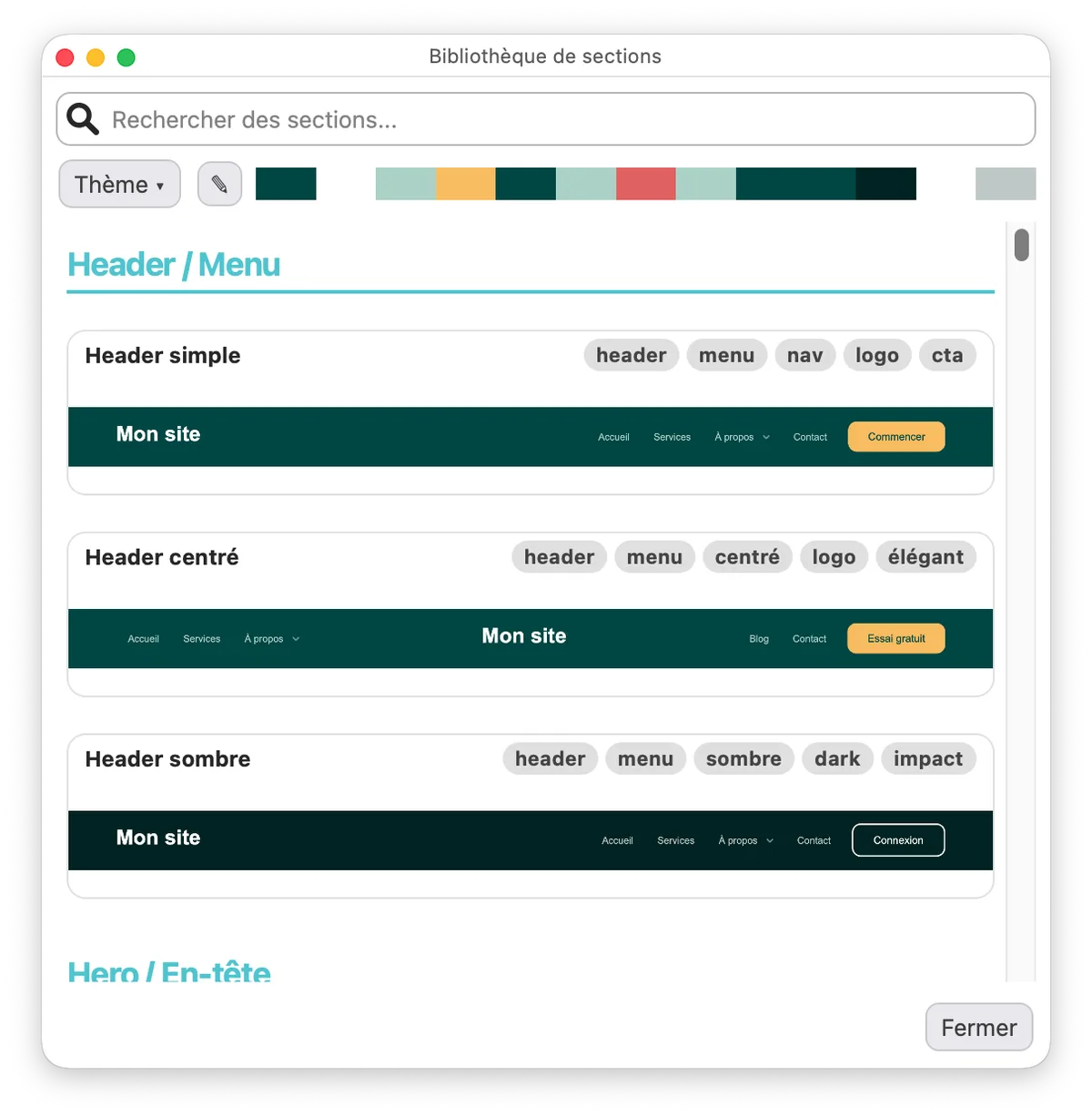 WebAcappella Fusion SP4 Section Library window: search bar, filters by theme and color palette, sections grouped by category (Header / Menu, Hero / Header) with visual preview and tags