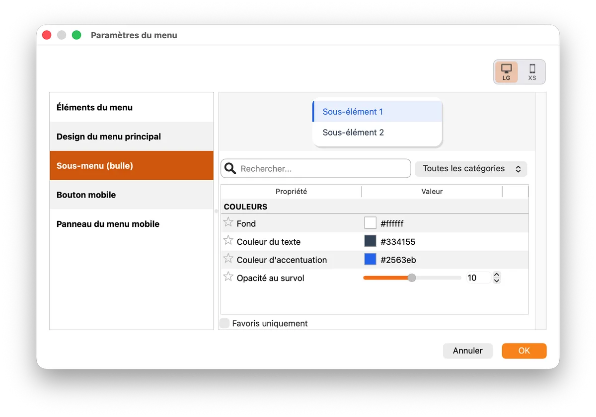 Menu Settings window in WebAcappella Fusion SP4: the Menu Items, Main Menu Design, Submenu (pop-up), Mobile Button, and Mobile Menu Panel tabs are all grouped in one place