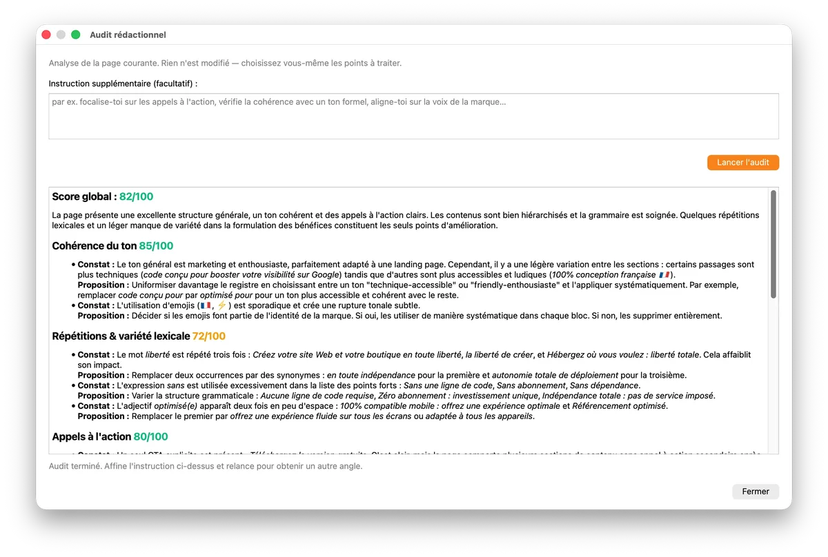 Janela de auditoria editorial do WebAcappella Fusion exibindo uma pontuação global de 82/100 e análises detalhadas por eixo (coerência de tom, repetições, chamadas à ação)