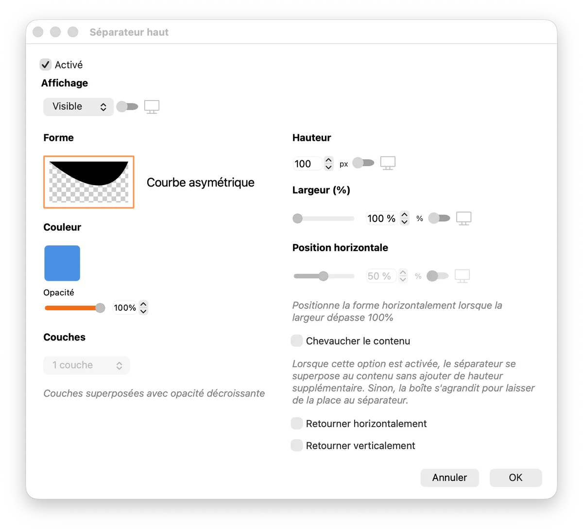 Top Divider panel in WebAcappella Fusion SP4: choice of shape (Asymmetric Curve), height, width, horizontal position, and gradient layers
