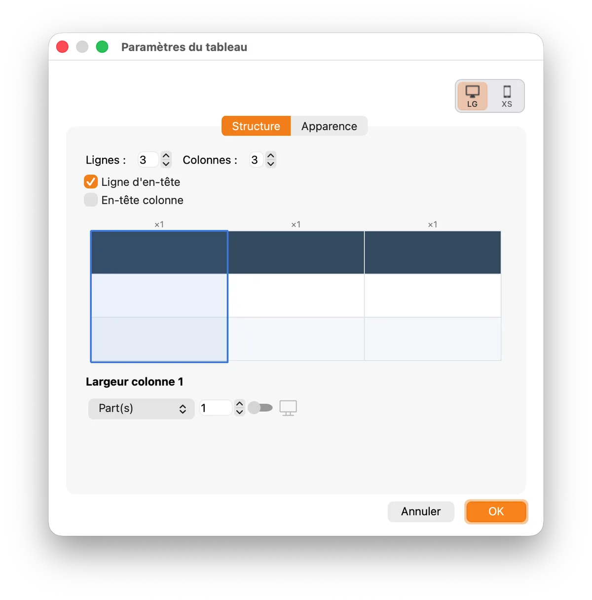 Table Settings window in WebAcappella Fusion SP4: Structure and Appearance tabs, number of rows and columns, header row, grid preview, and column width settings