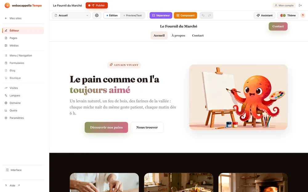 L’éditeur de WebAcappella Tempo, ouvert sur le site d’une boulangerie.