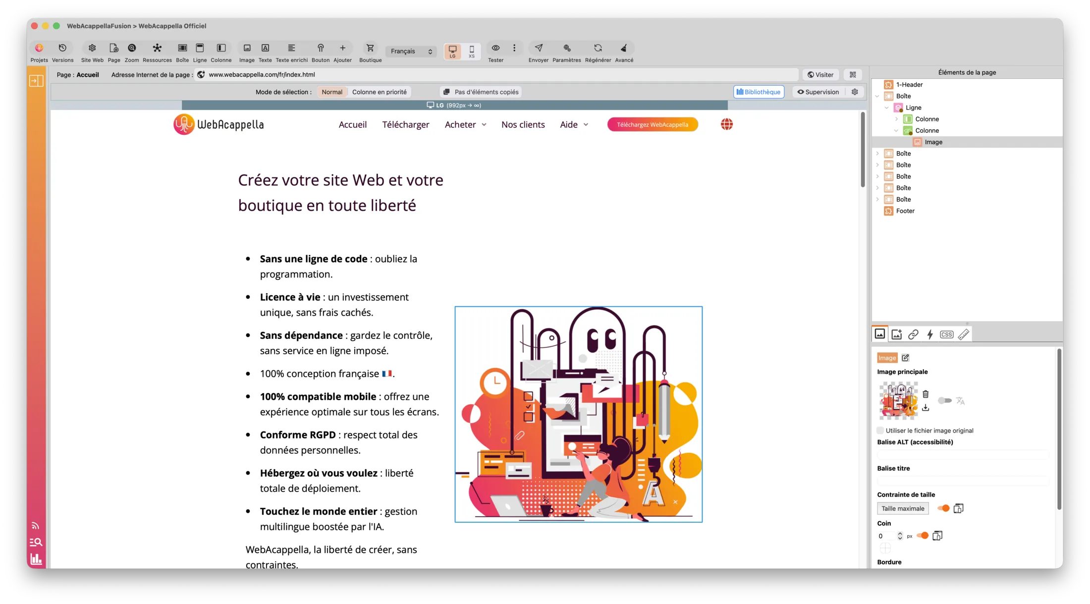The WebAcappella Fusion editor on macOS: a page being laid out, with the list of its boxes, rows and columns on the right.